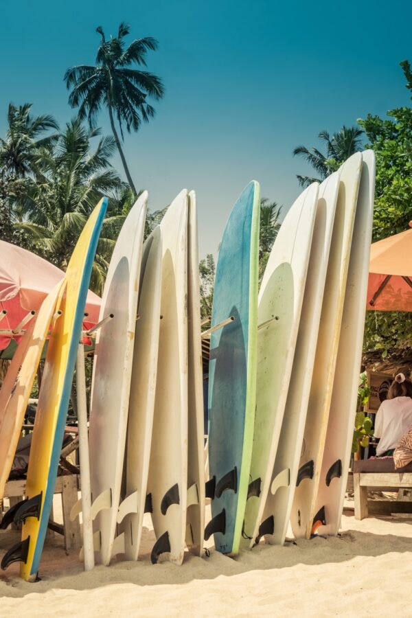 Different surf boards in stack for rent by ocean on sandy Hiriketiya Beach near Dickwella in Sri Lanka. Outdoors. Sunny days. Surf boards for beginner and advanced.