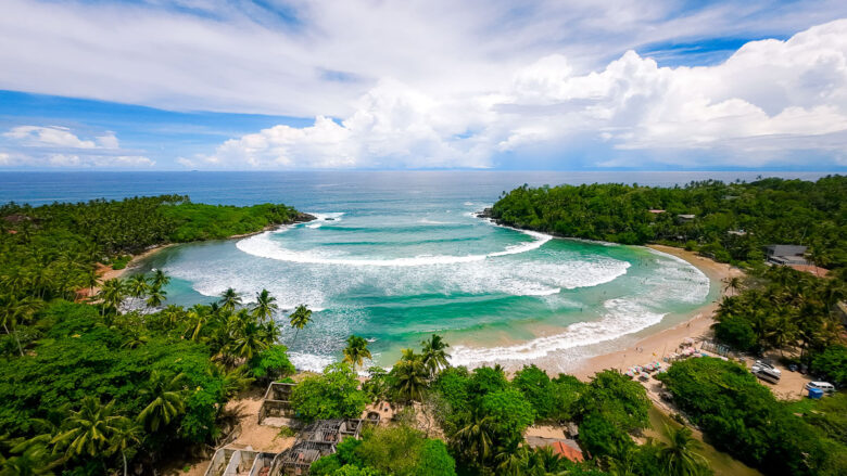 Aerial view of Hiriketiya beach on Sri Lanka's south coast, close to The Nest Sri Lanka.
