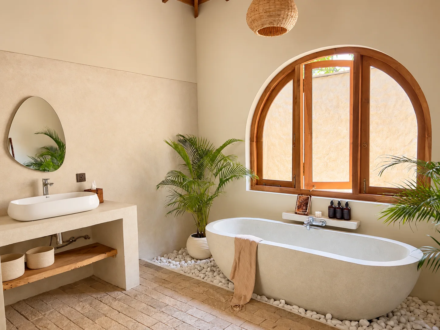 Spa-style bathroom with handmade freestanding bath, arched wooden window and tropical planting at The Nest Sri Lanka.