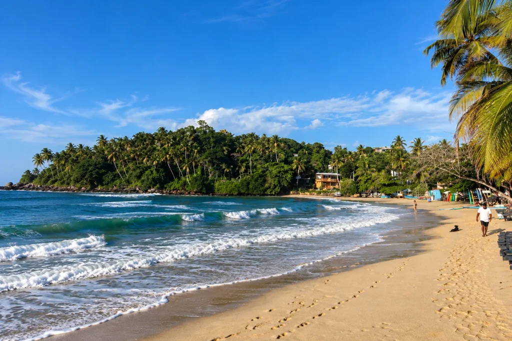 Morning views of HirIketiya Beach, featuring golden sands and tropical palm trees.
