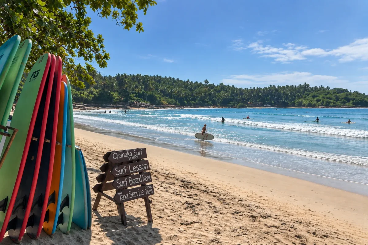 Colourful surfboards for rent in Hiriketiya with Kids.