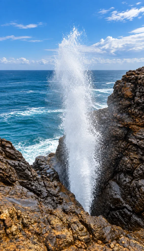 Hummanaya Blowhole in full action after a wave enters the rock face.