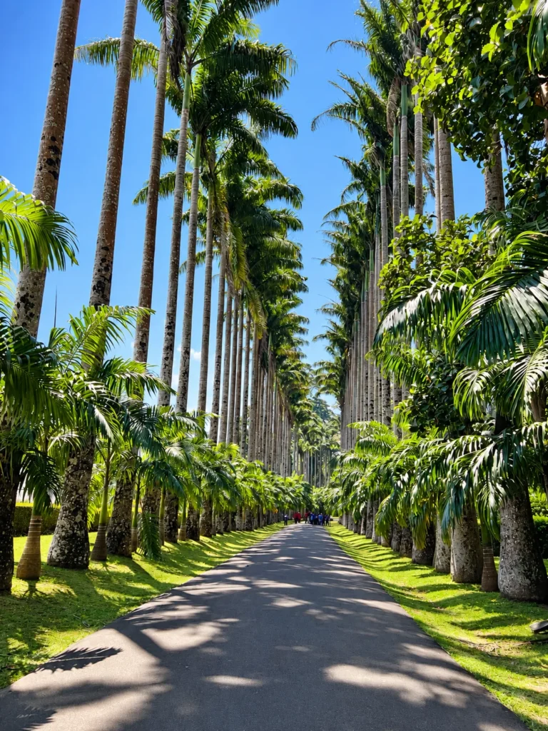 Palm tree avenue at the Royal Botanical Gardens in Kandy, Sri Lank with kids.