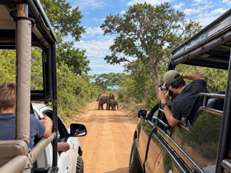 Family enjoying a wildlife safari in Udawella, Sri Lanka from an open top safari truck.