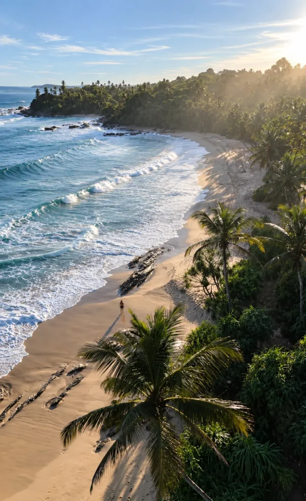 Aerial view of Silent Beach in Sri Lanka, with golden sand, turquoise waves and lush palm trees.