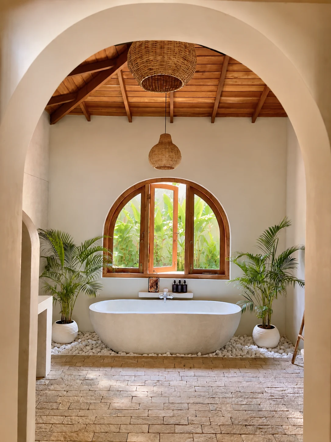 Tropical bathroom with handmade freestanding bath, featuring natural stone and pebble features at The Nest Sri Lanka.