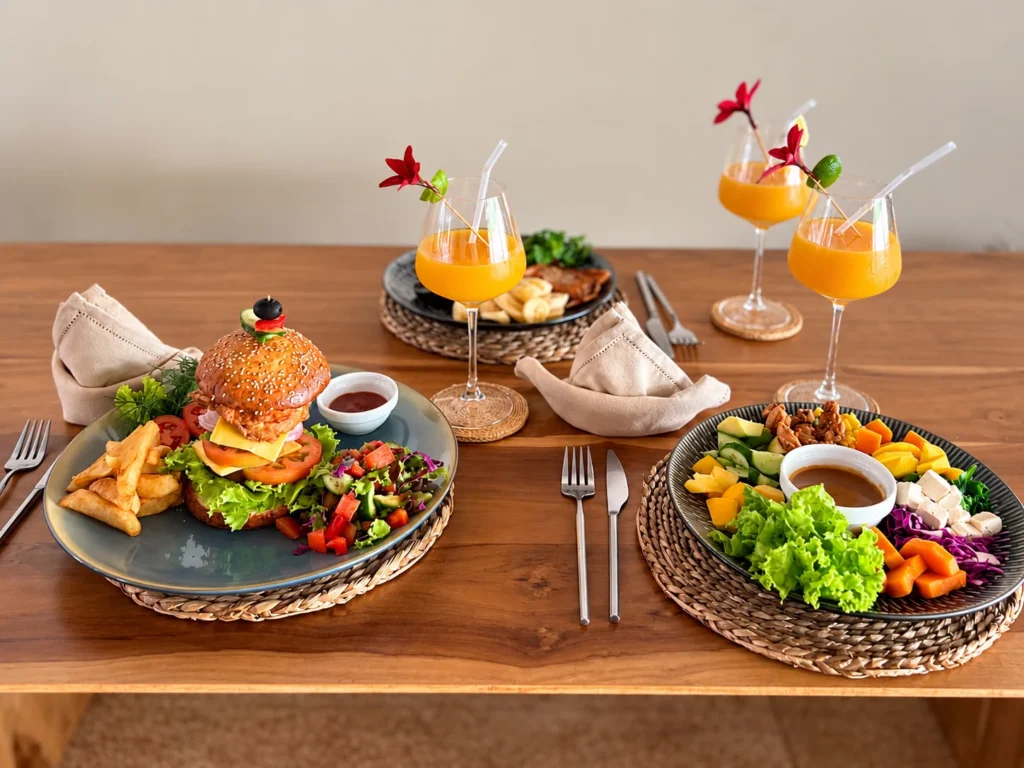 Freshly prepared gourmet burger, colourful salad and tropical drinks served by the private villa chef at The Nest Sri Lanka, Hiriketiya.