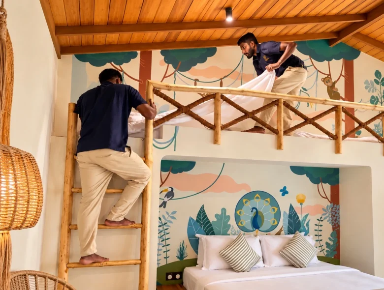 The Villa host at The Nest Sri Lanka preparing the family room.